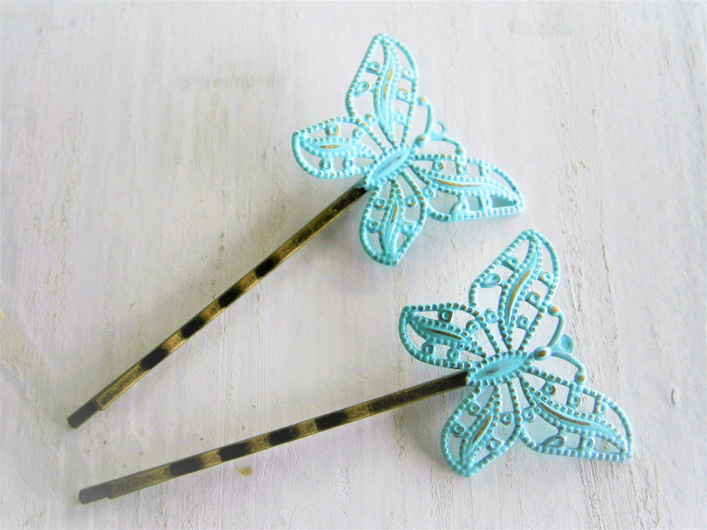 Mint Patina Filigree Butterfly Antique Bronze Bobby Pins Set of Two/Hair Clips/Bohemian Hair Clips/Shabby Chic Hair Clips/Rustic Wedding