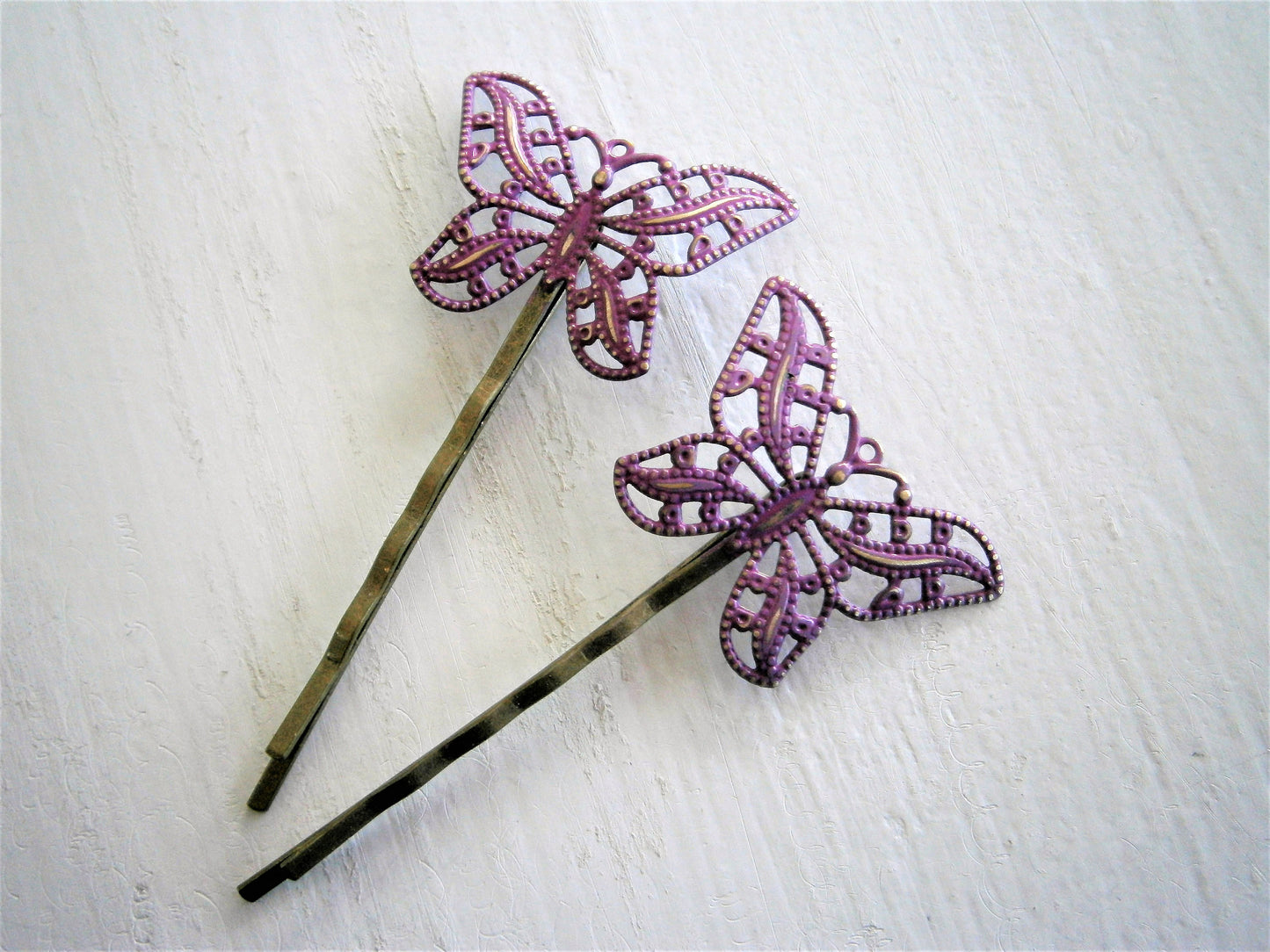 Purple Patina Filigree Butterfly Antique Bronze Bobby Pins Set of 2/Bohemian Hair Clips/Shabby Chic Hair Clips/Rustic Wedding