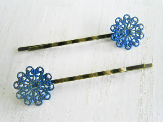 Cobalt Blue Patina Small Filigree Flower Antique Bronze Bobby Pins Set of Two/Hair Clips/Bohemian Hair Clips/Rustic Wedding/Bobby Pins