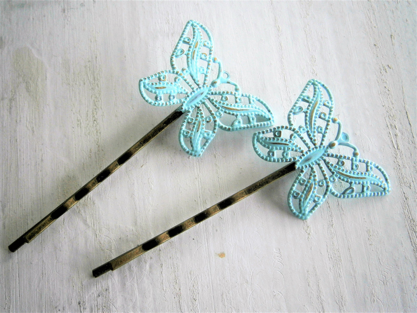 Mint Patina Filigree Butterfly Antique Bronze Bobby Pins Set of Two/Hair Clips/Bohemian Hair Clips/Shabby Chic Hair Clips/Rustic Wedding