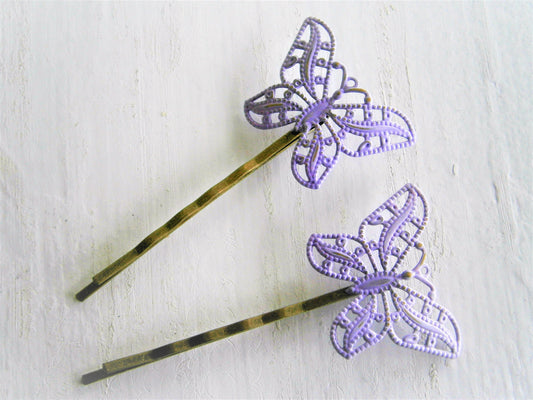 Amethyst/Lilac/Mauve Patina Filigree Butterfly Antique Bronze Bobby Pins Set of 2/Bohemian Hair Clips/Shabby Chic Hair Clips/Rustic Wedding
