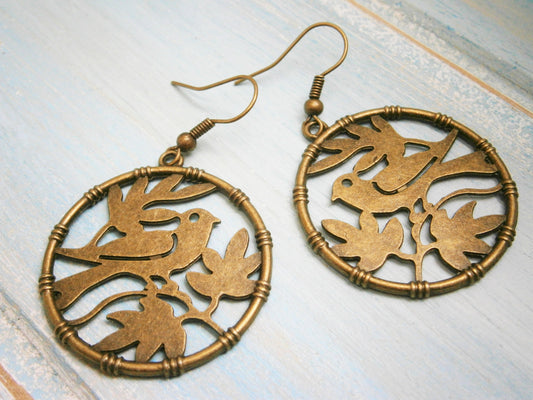 Antique Bronze Bird in Tree Charm Dangle Earrings/Boho Earrings/Nature Earrings/Tree Earrings/Dangle Earrings/Bird Earrings/Boho Jewellery
