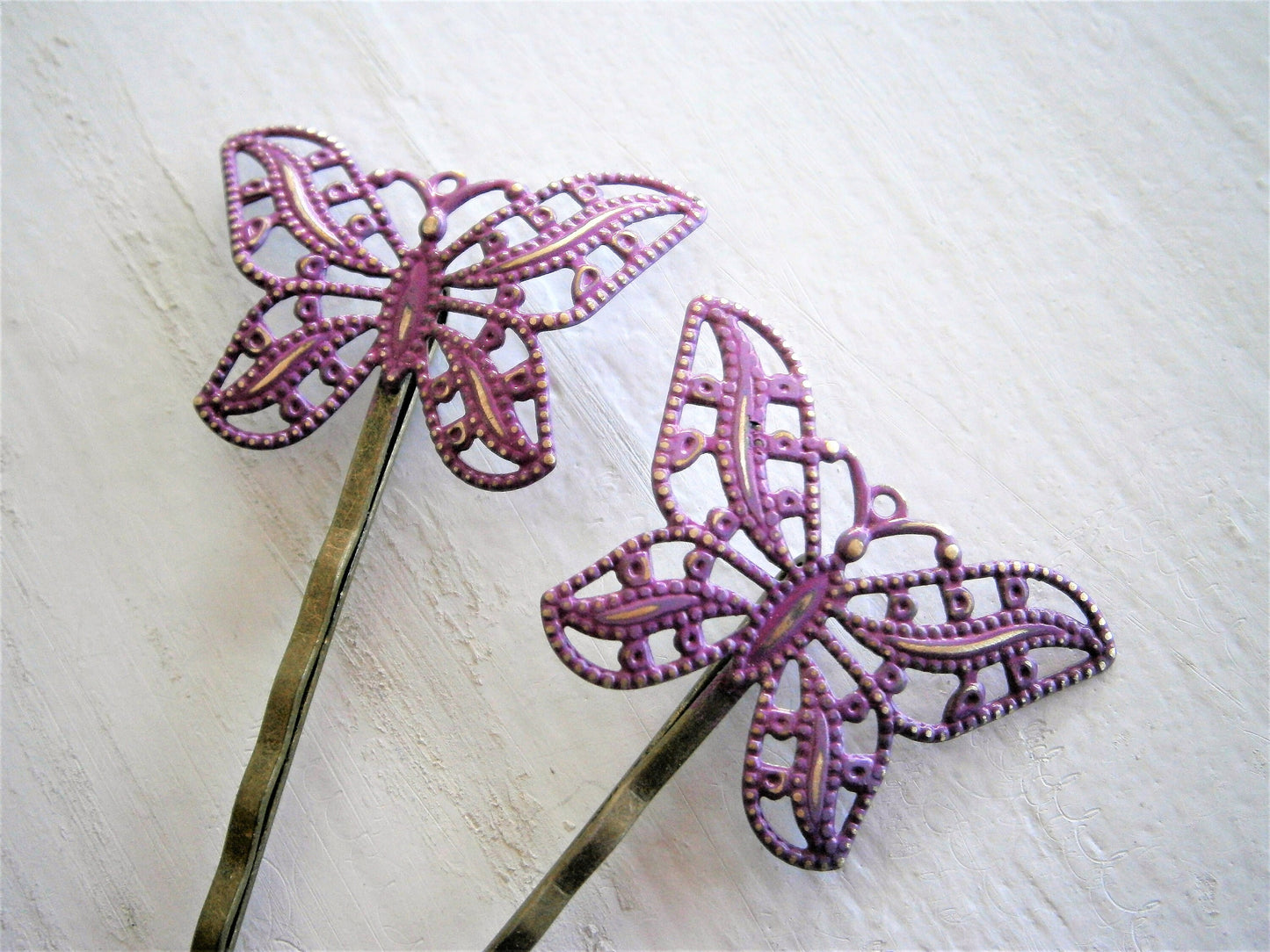 Purple Patina Filigree Butterfly Antique Bronze Bobby Pins Set of 2/Bohemian Hair Clips/Shabby Chic Hair Clips/Rustic Wedding