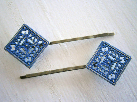 Cobalt Blue Patina Filigree Antique Bronze Bobby Pins Set of 2/Hair Clips/Bohemian Hair Clip/Shabby Chic Hair Clips/Bobby Pins/Vintage Style