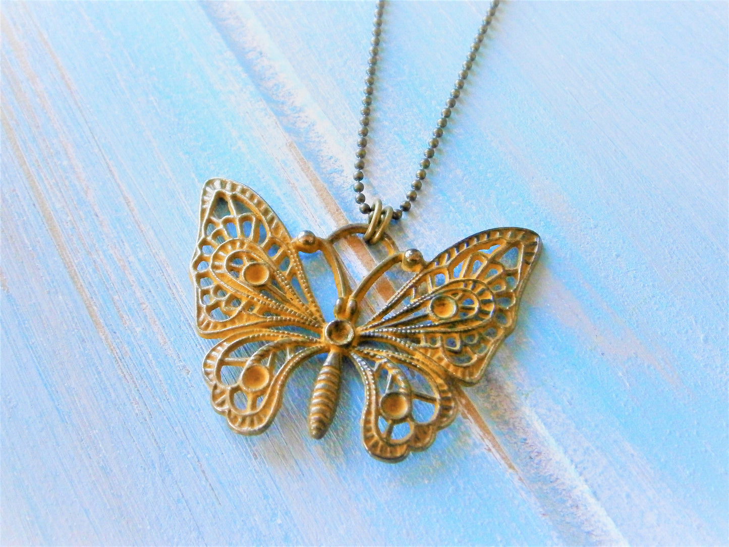 Ochre/Yellow Patina Filigree Butterfly on Antique Bronze Ball Chain/Boho Necklace/Long Necklace/Layering Necklace/Patina Necklace.