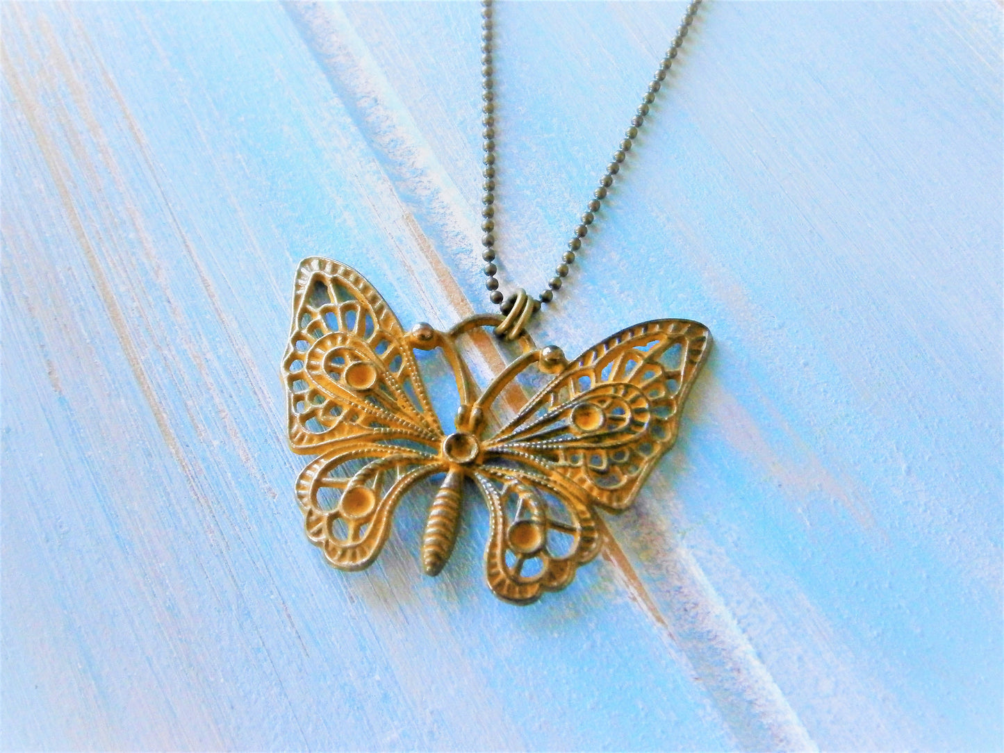 Ochre/Yellow Patina Filigree Butterfly on Antique Bronze Ball Chain/Boho Necklace/Long Necklace/Layering Necklace/Patina Necklace.