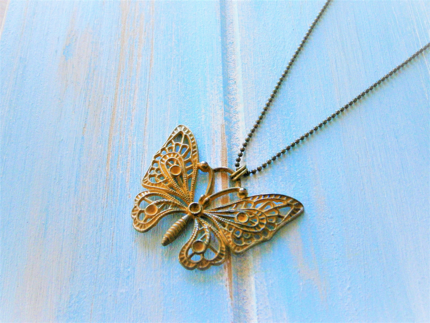 Ochre/Yellow Patina Filigree Butterfly on Antique Bronze Ball Chain/Boho Necklace/Long Necklace/Layering Necklace/Patina Necklace.