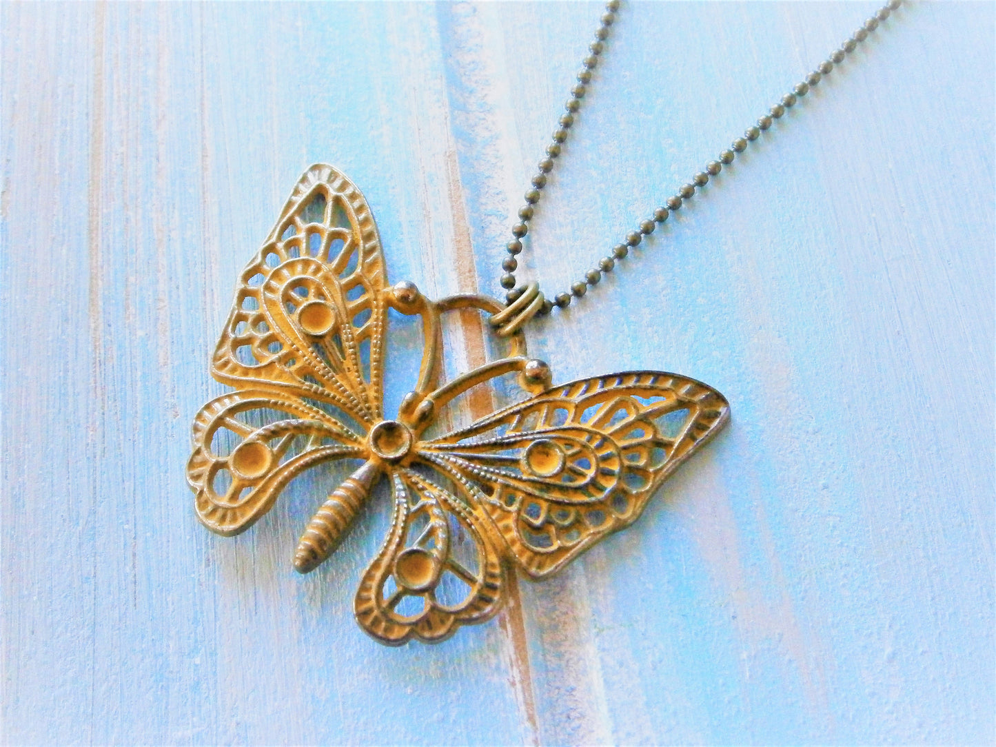 Ochre/Yellow Patina Filigree Butterfly on Antique Bronze Ball Chain/Boho Necklace/Long Necklace/Layering Necklace/Patina Necklace.