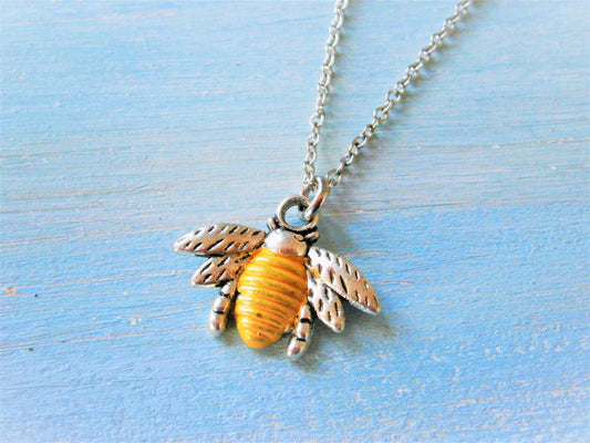 Antique Silver Bumble Bee Charm with Yellow Patina Detailing Necklace/Nature Necklace/Woodland Jewellery/Bee Necklace/Boho Jewelry