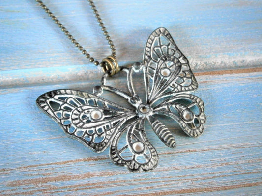 White Patina Filigree Butterfly on Antique Bronze Ball Chain/Boho Necklace/Long Necklace/Layering Necklace/Patina Necklace.