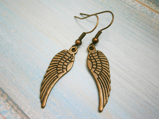 Angel Wing Antique Bronze Charm On Antique Bronze French Earring Hooks/Dangle Earrings/Wing Earrings/Bohemian Jewellery/Boho Earrings