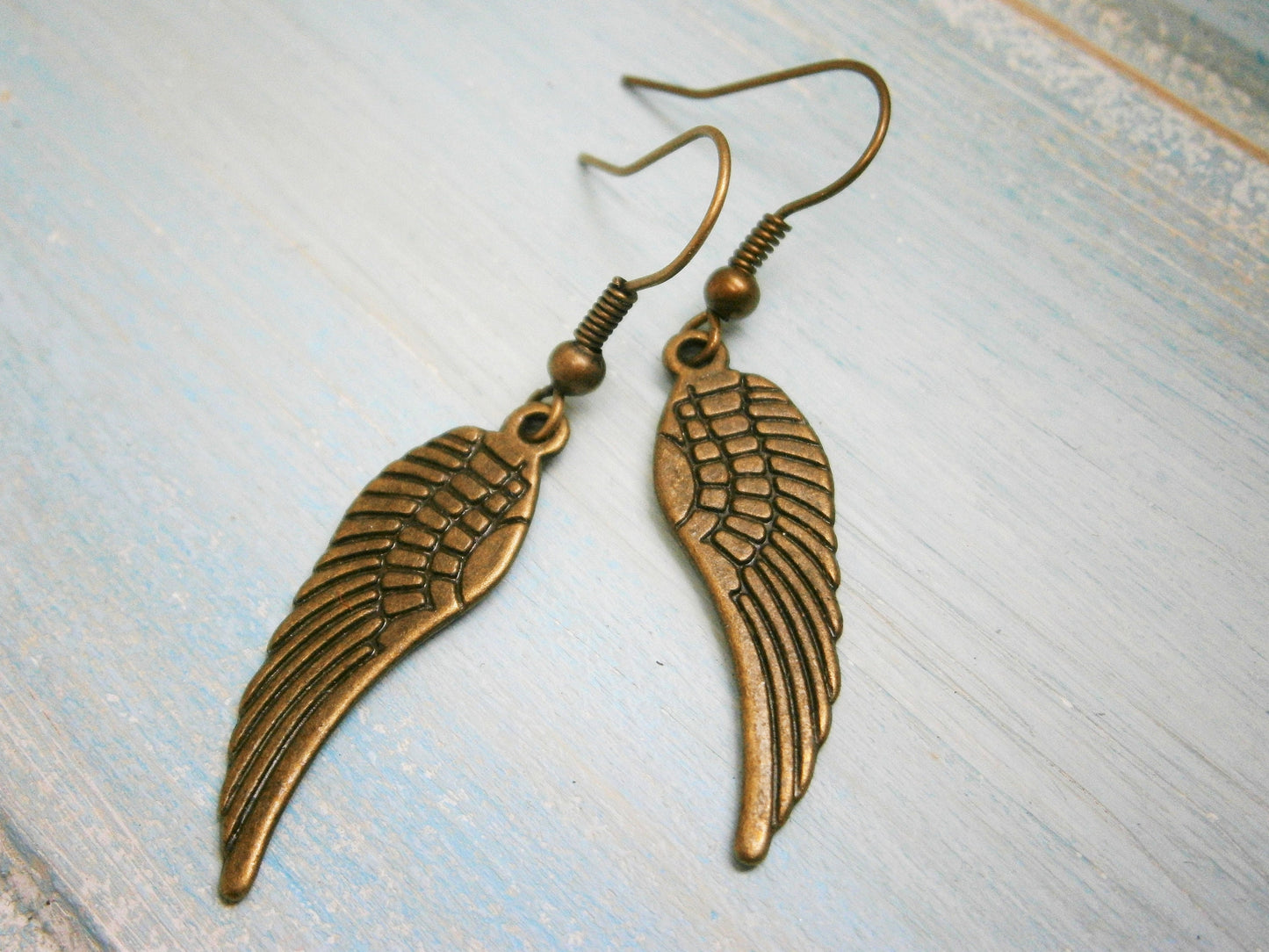 Angel Wing Antique Bronze Charm On Antique Bronze French Earring Hooks/Dangle Earrings/Wing Earrings/Bohemian Jewellery/Boho Earrings
