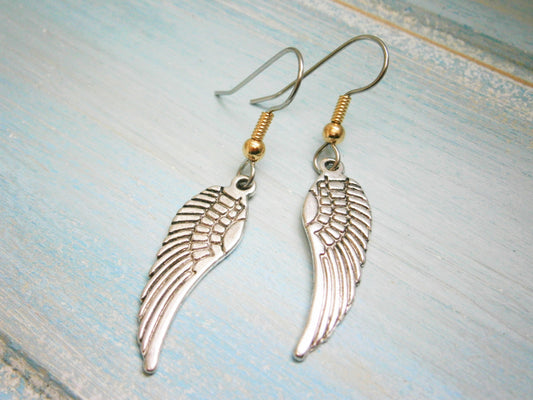 Angel Wing Antique Silver Charm On Stainless Steel French Earring Hooks/Dangle Earrings/Wing Earrings/Bohemian Jewellery/Boho Earrings