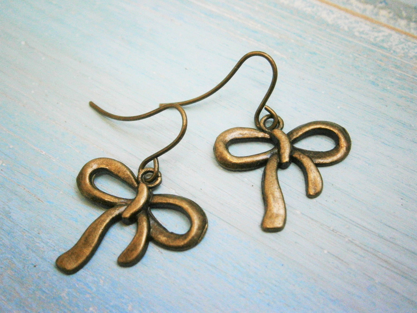 Antique Bronze Bow Charm On Antique Bronze Small French Earring Hooks/Dangle Earrings/Ribbon Earrings/Bow Earrings/Romantic Earrings
