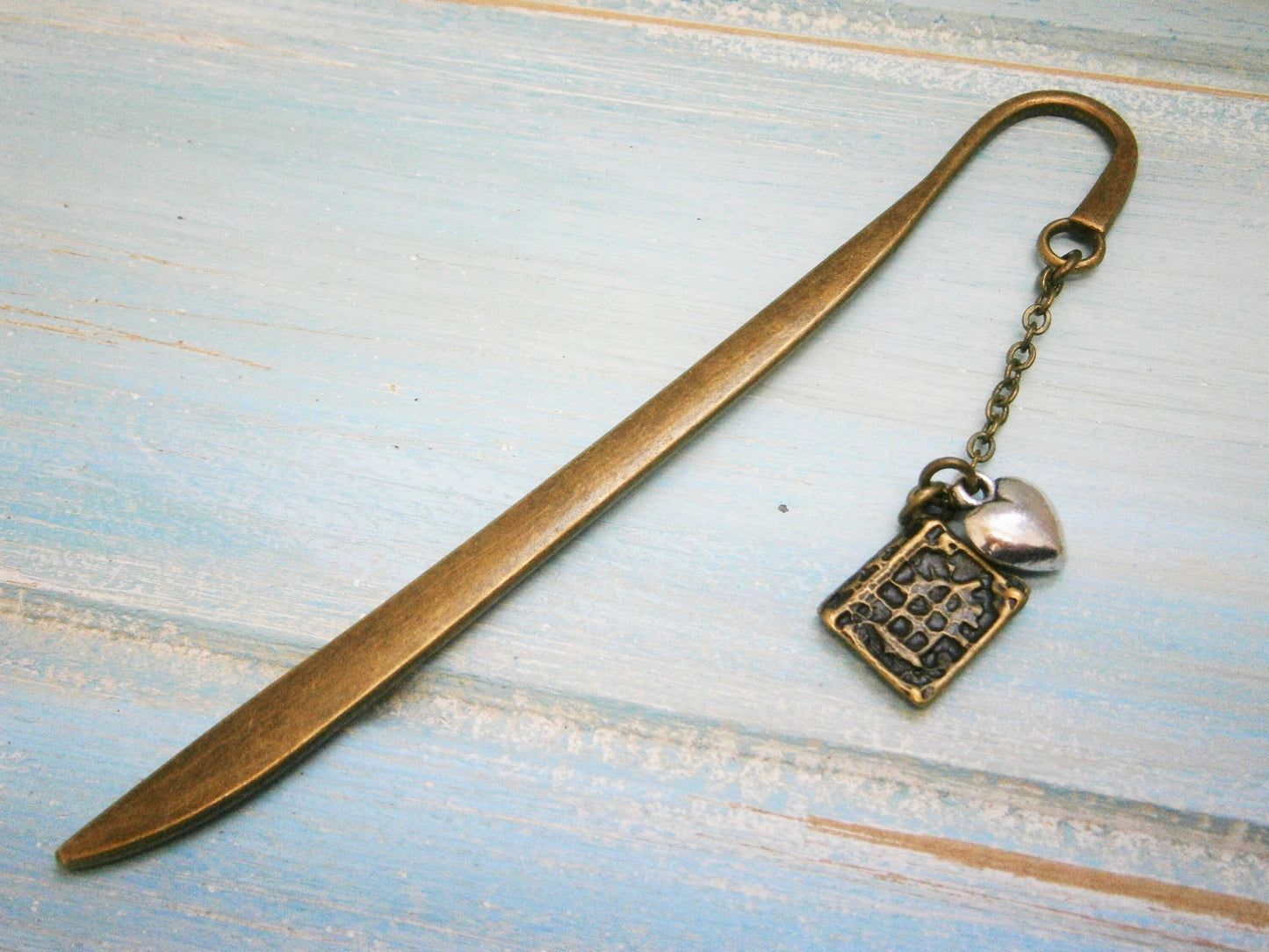 Bookmark with a Antique Bronze Book and Antique Silver Heart/Book Lover Bookmark/On To The Next Chapter Bookmark/Bookmarks for Books