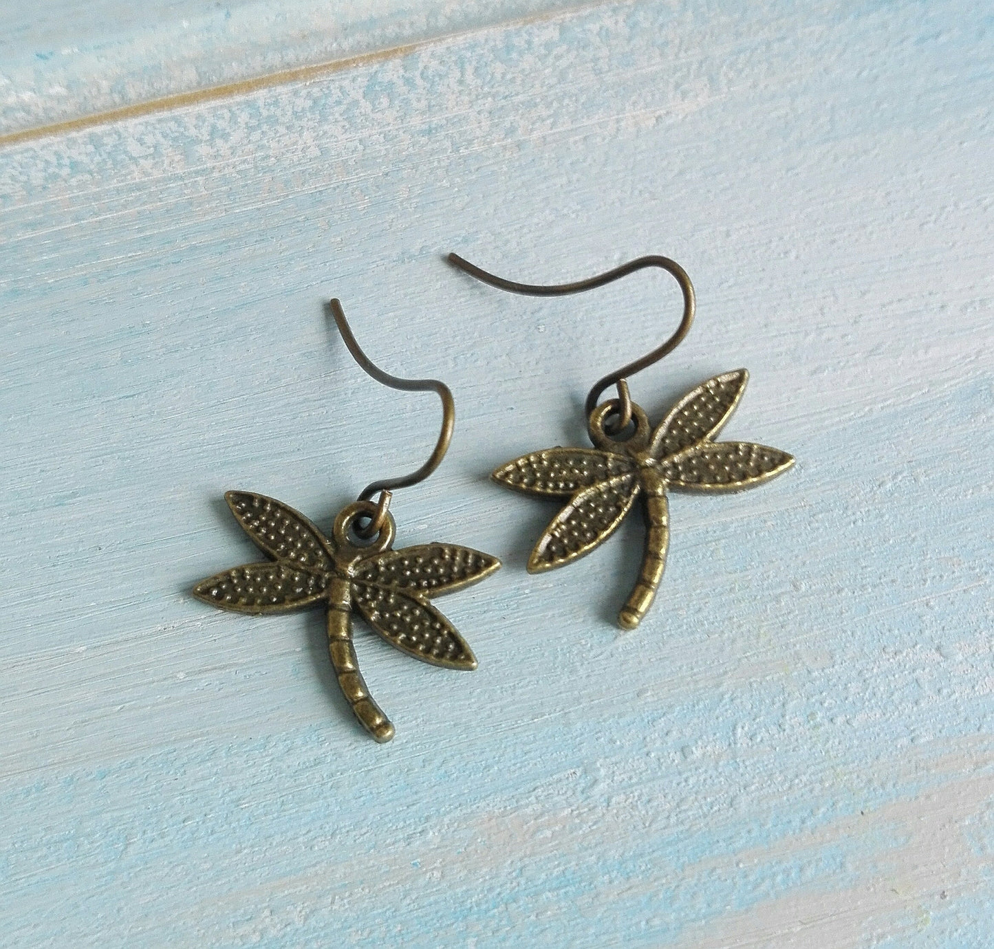 Antique Bronze Dragonfly Charm Pendant On Antique Bronze Brass Small Earring Hooks/Dangle Earrings/Dragonfly Earrings/Woodland Earrings