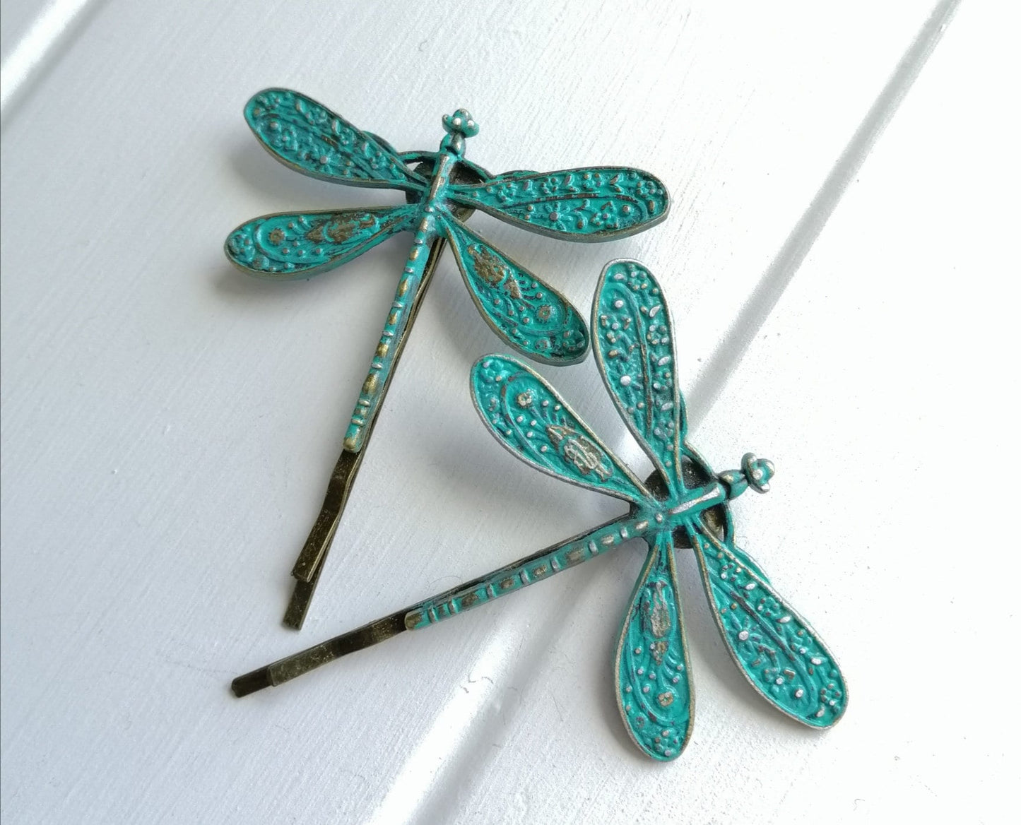 Verdigris/Turquoise Patina Antique Bronze Plated Set of 2 Dragonfly Bobby Pins/Dragonfly Hair Clips/Boho Hair Clips/Wedding Hair Accessories