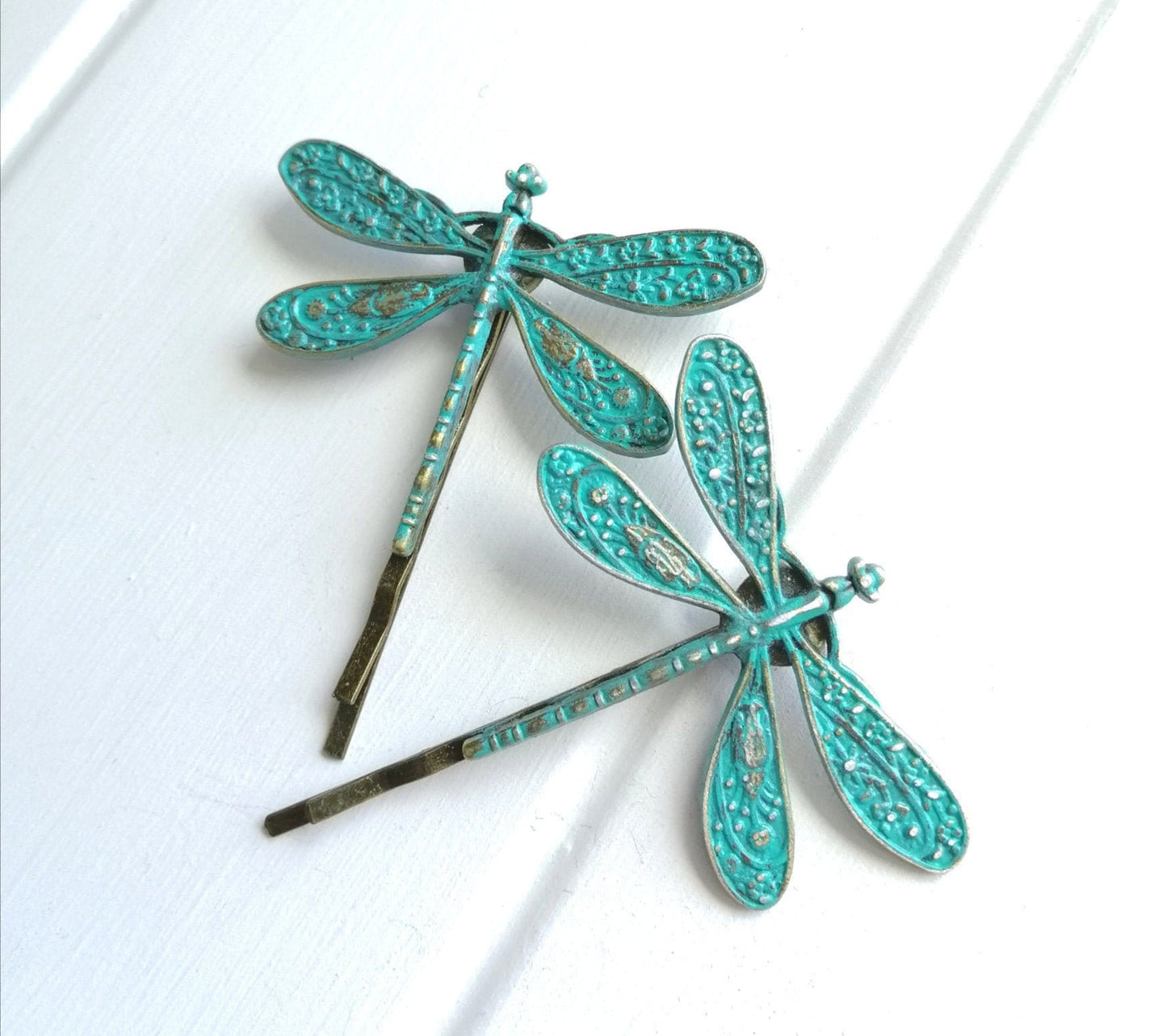 Verdigris/Turquoise Patina Antique Bronze Plated Set of 2 Dragonfly Bobby Pins/Dragonfly Hair Clips/Boho Hair Clips/Wedding Hair Accessories