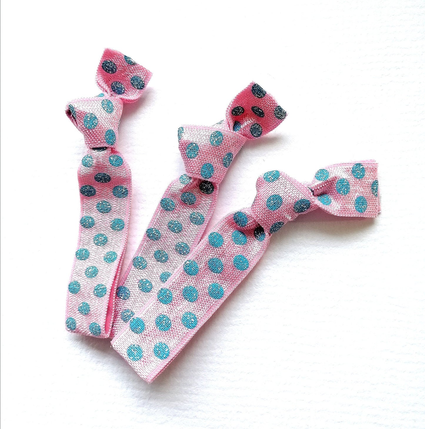 Pixie Dust - Set of 3 Pink Elastic Hair Ties with Blue Glitter Polka Dots by Crimson Rose Cottage/Sparkle Hair Tie/Polka Dot Hair Tie