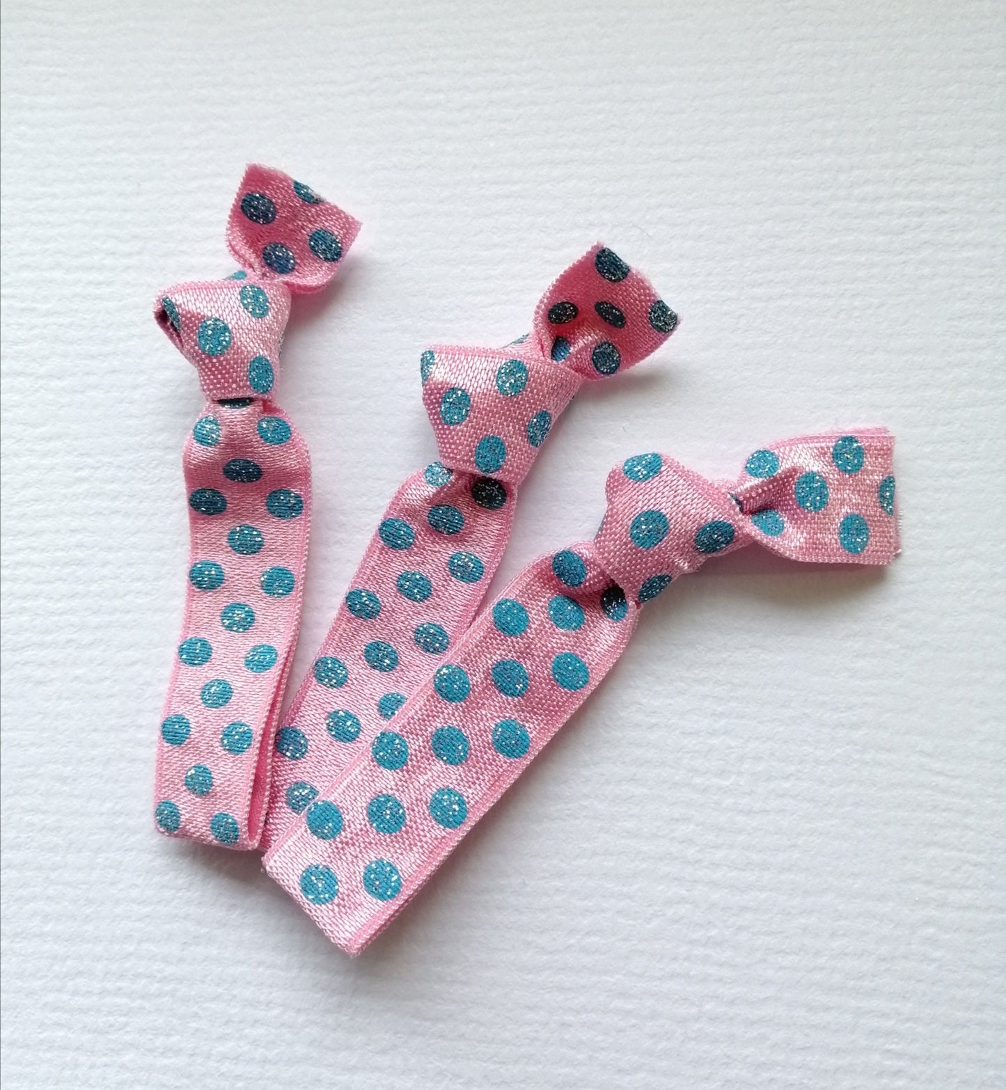 Pixie Dust - Set of 3 Pink Elastic Hair Ties with Blue Glitter Polka Dots by Crimson Rose Cottage/Sparkle Hair Tie/Polka Dot Hair Tie