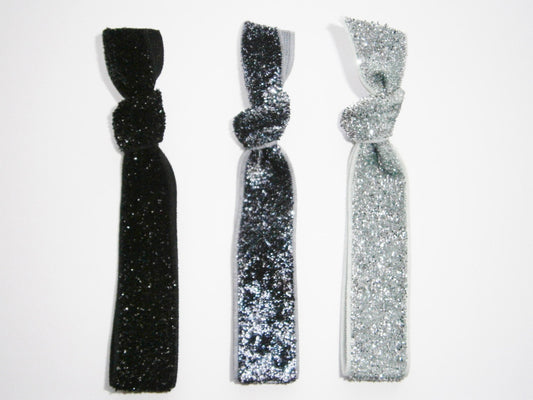 Set of 3 Glitter Hair Tie Package by Crimson Rose Cottage - Black, Charcoal and Silver Glitter Hair Ties that Double as Bracelets