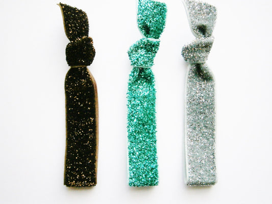 Set of 3 Glitter Hair Tie Package by Crimson Rose Cottage - Brown, Turquoise and Silver Glitter Hair Ties that Double as Bracelets