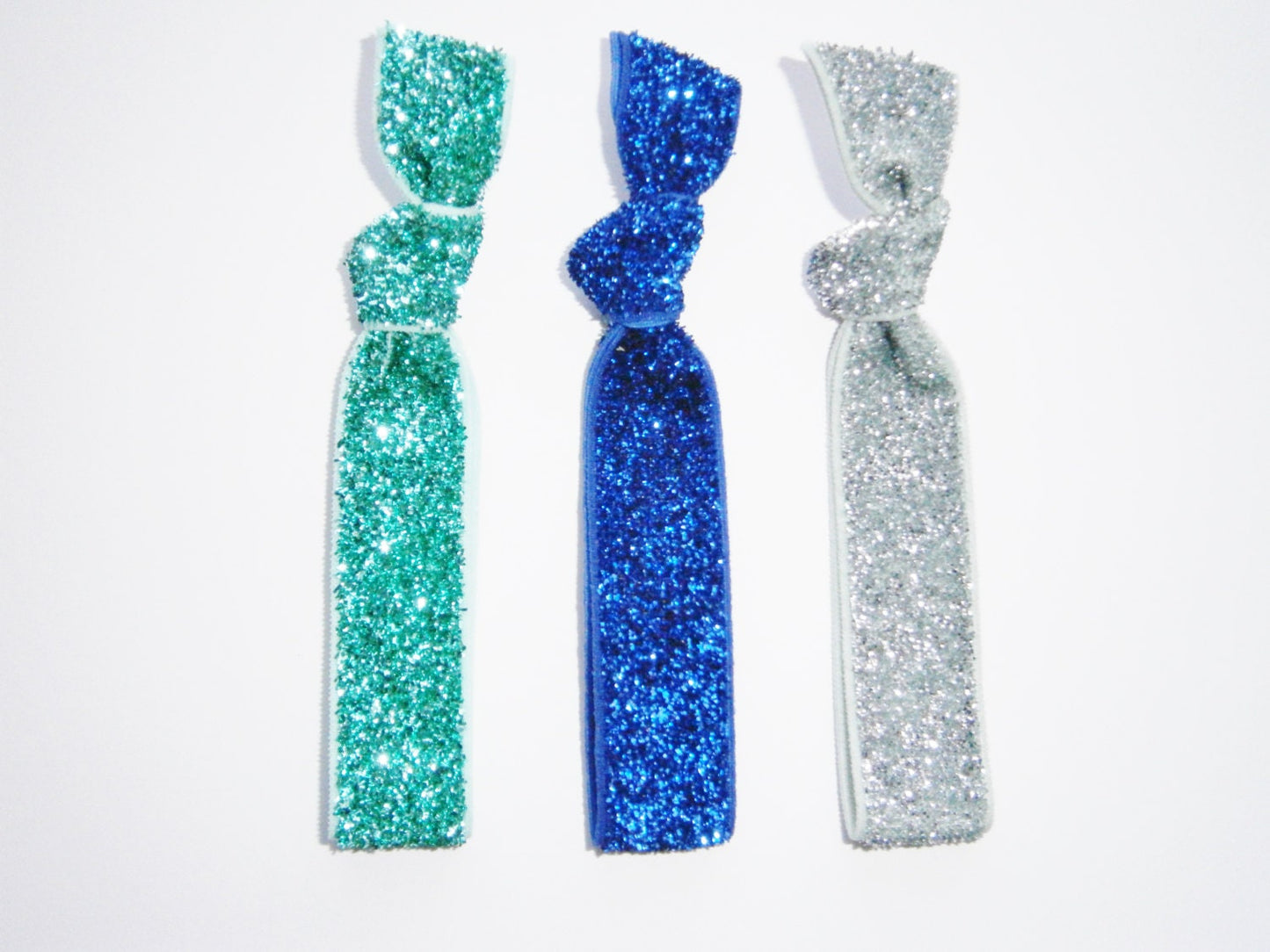 Set of 3 Glitter Hair Tie Package by Crimson Rose Cottage - Blue, Turquoise and Silver Glitter Hair Ties that Double as Bracelets