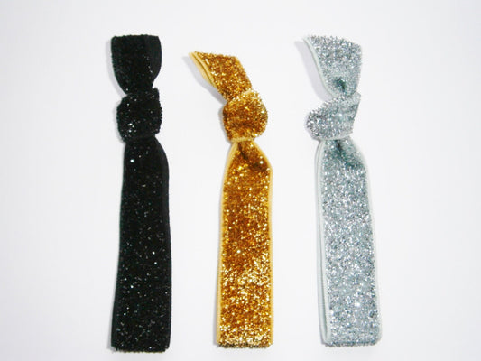 Set of 3 Glitter Hair Tie Package by Crimson Rose Cottage - Black, Gold and Silver Glitter Hair Ties that Double as Bracelets