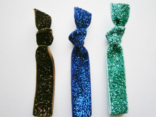 Set of 3 Glitter Hair Tie Package by Crimson Rose Cottage - Brown, Blue and Turquoise Glitter Hair Ties that Double as Bracelets