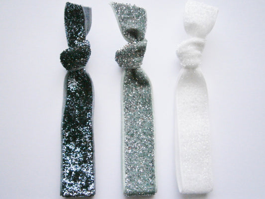 Set of 3 Glitter Hair Tie Package by Crimson Rose Cottage - Charcoal, Silver and White Glitter Hair Ties that Double as Bracelets