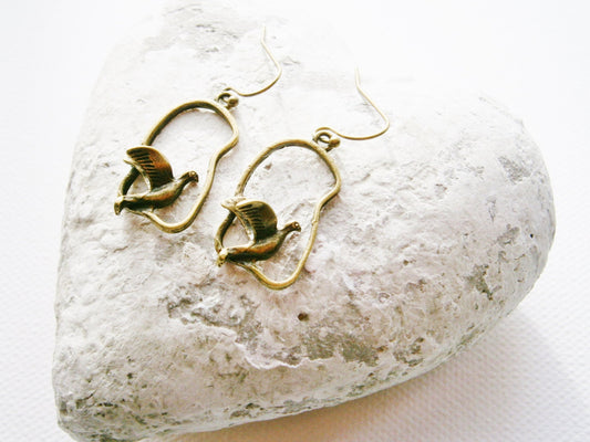 Antique Bronze Bird Charm On Antique Bronze French Earring Hooks/Dangle Earrings/Boho Earrings.