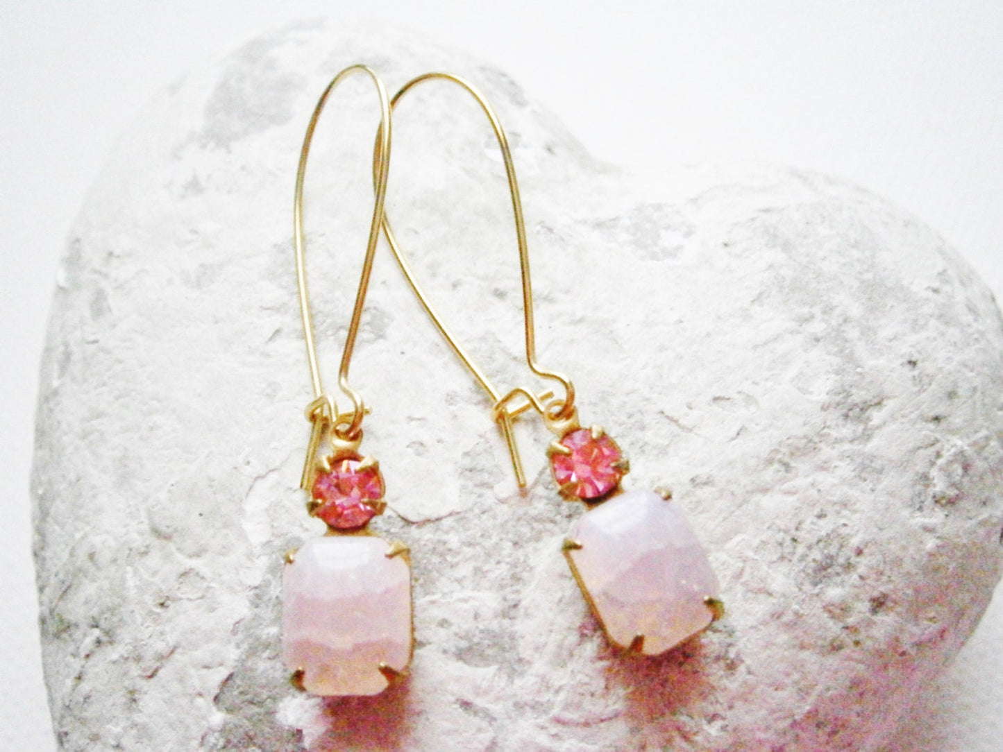 Vintage Crackle Rose Pink Glass Stone and Rose Pink Swarovski Crystal set in Brass Prong Setting On Gilt Kidney Wire Earring Hooks.