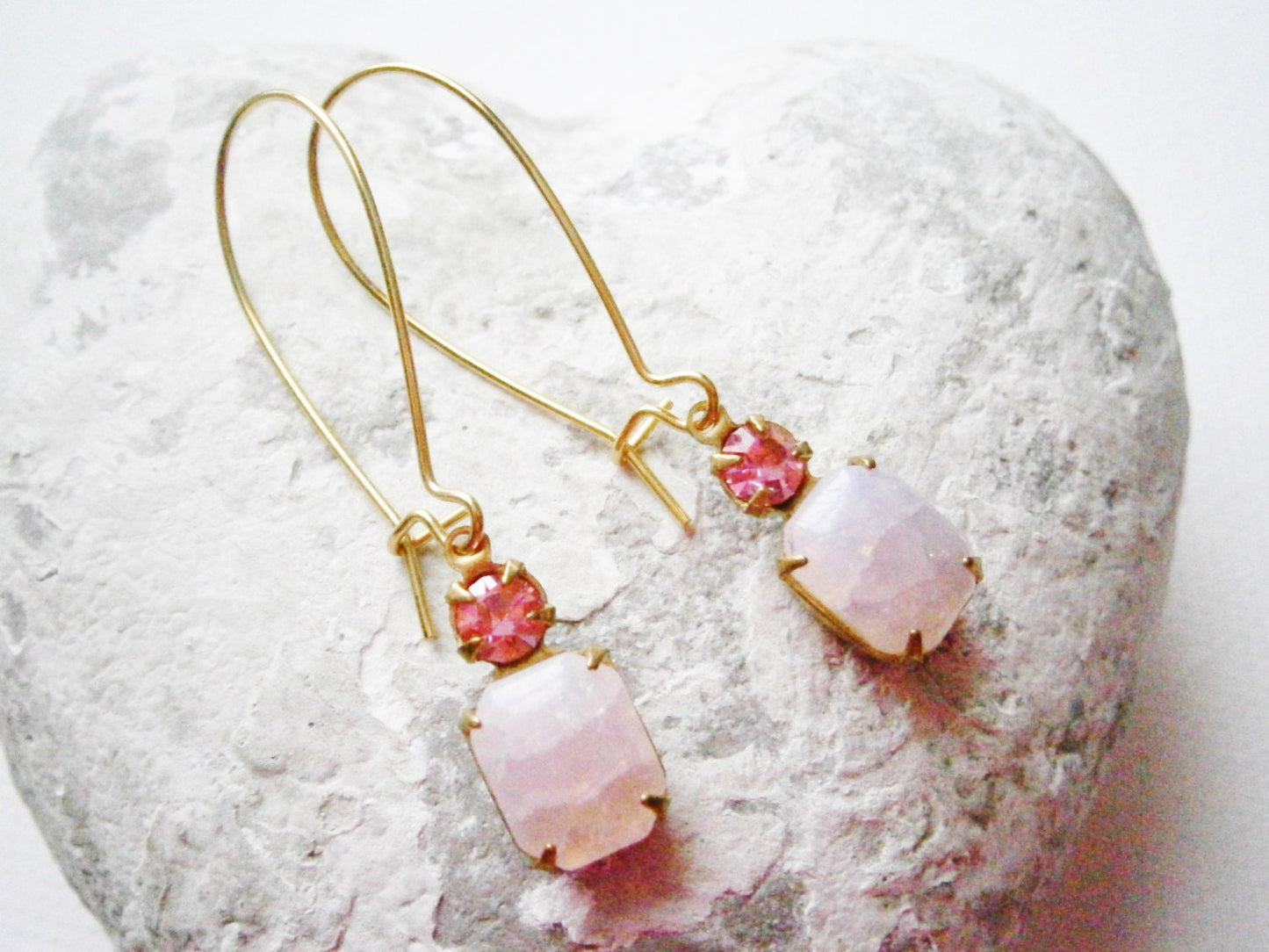 Vintage Crackle Rose Pink Glass Stone and Rose Pink Swarovski Crystal set in Brass Prong Setting On Gilt Kidney Wire Earring Hooks.