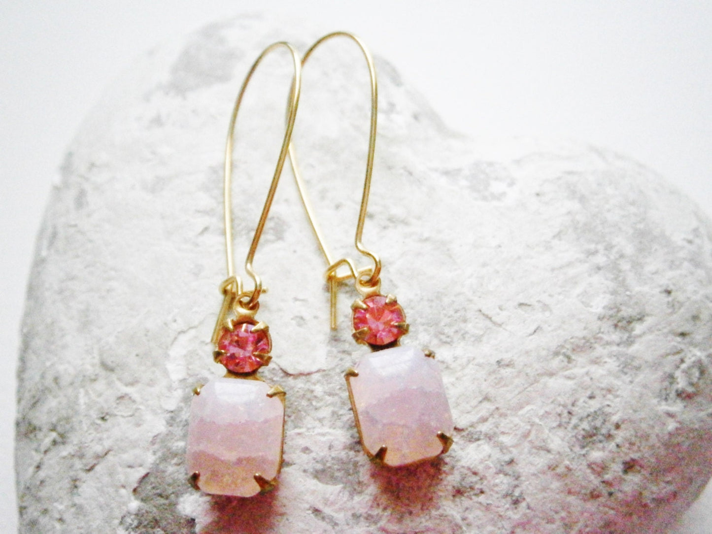 Vintage Crackle Rose Pink Glass Stone and Rose Pink Swarovski Crystal set in Brass Prong Setting On Gilt Kidney Wire Earring Hooks.
