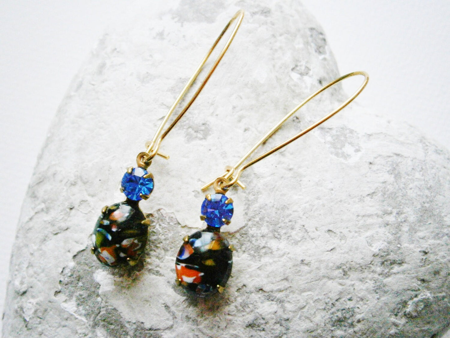 Vintage Glass Millefiori Black Oval Stone and Sapphire Glass Stone set in Brass Prong Setting On Gilt Kidney Wire Earring Hooks.