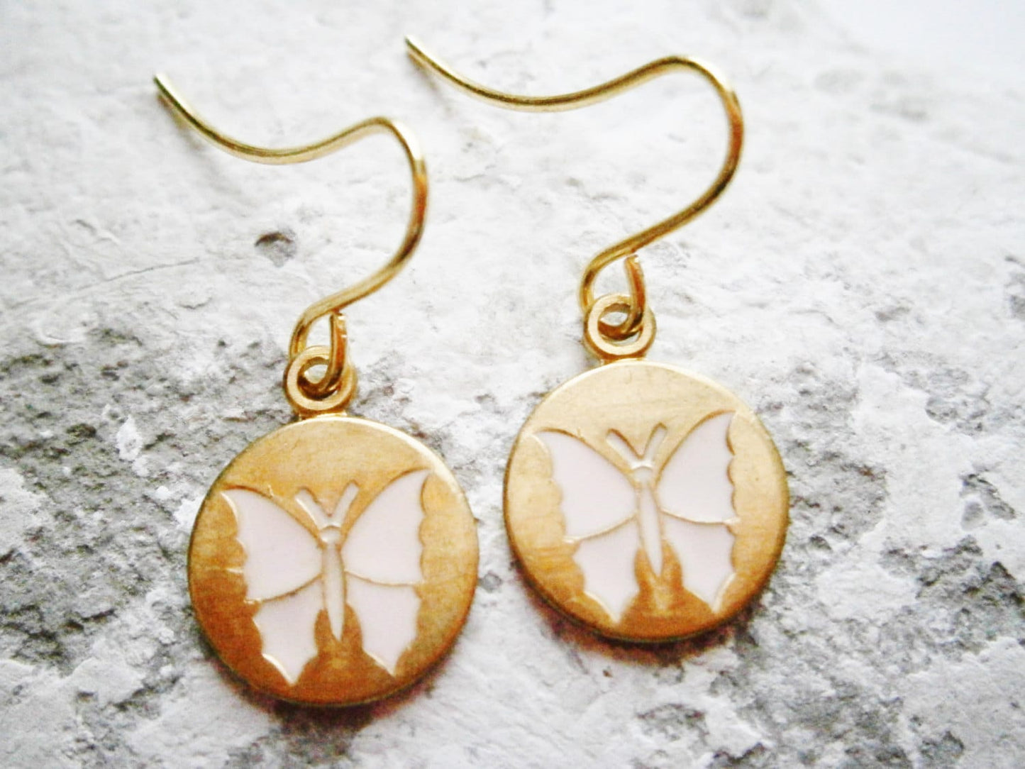Vintage Style Pale Pink Butterfly Brass Disc Charm Pendant On Gilt Plated French Earring Hooks/Dangle Earrings
