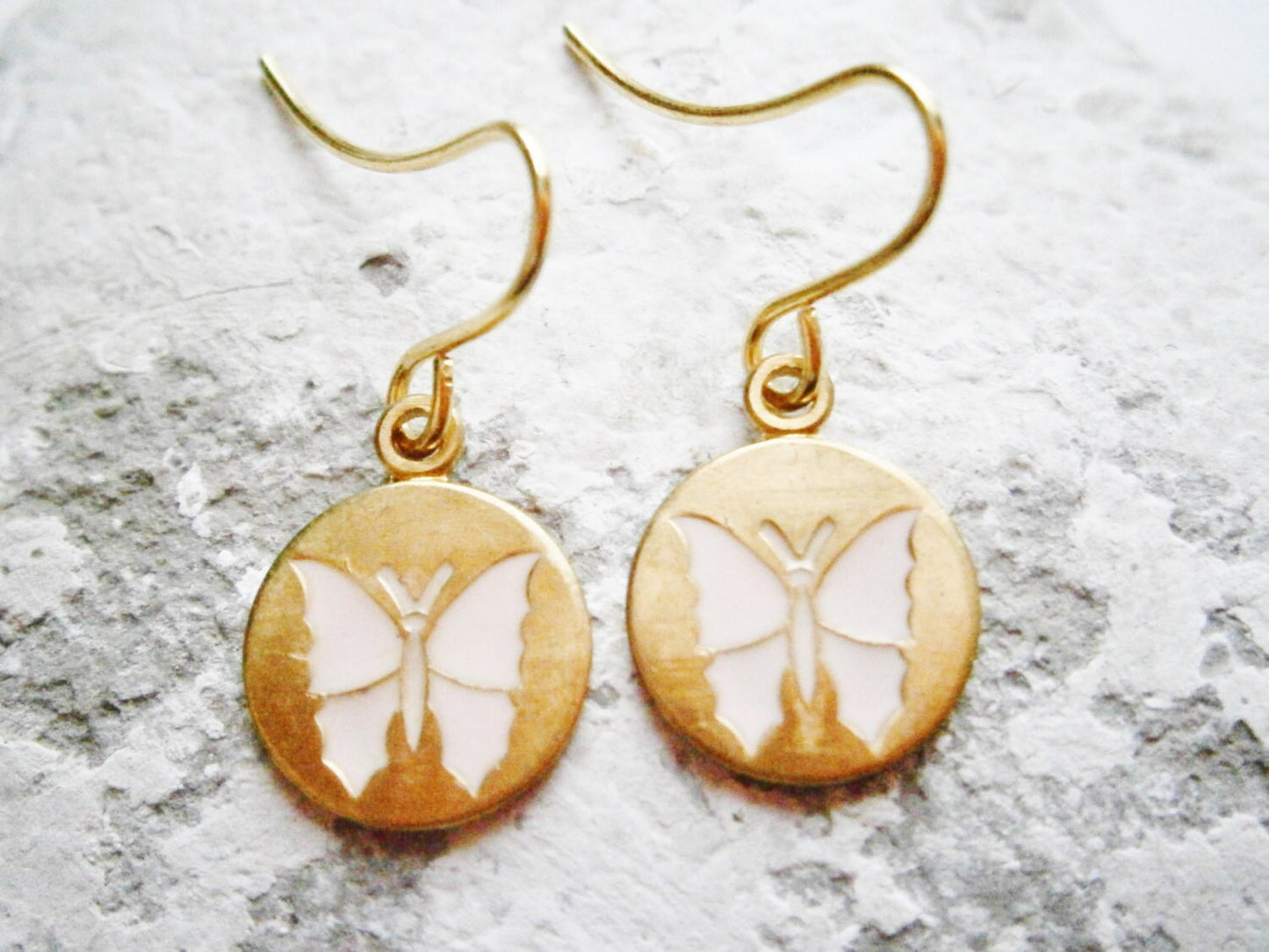 Vintage Style Pale Pink Butterfly Brass Disc Charm Pendant On Gilt Plated French Earring Hooks/Dangle Earrings