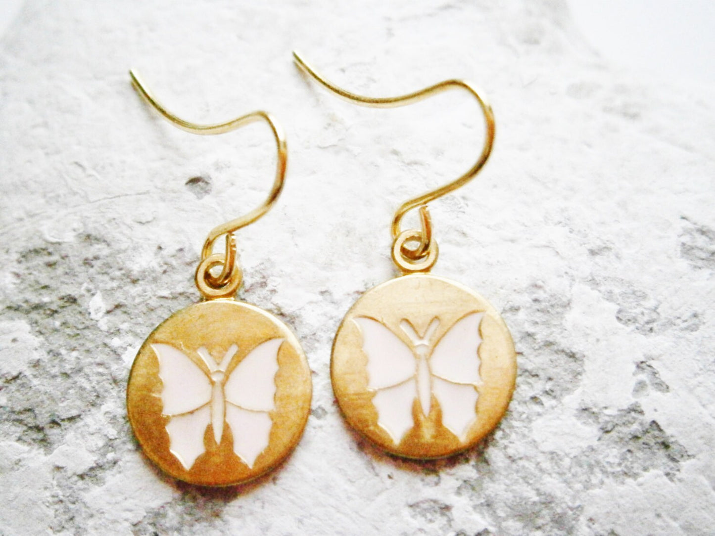 Vintage Style Pale Pink Butterfly Brass Disc Charm Pendant On Gilt Plated French Earring Hooks/Dangle Earrings