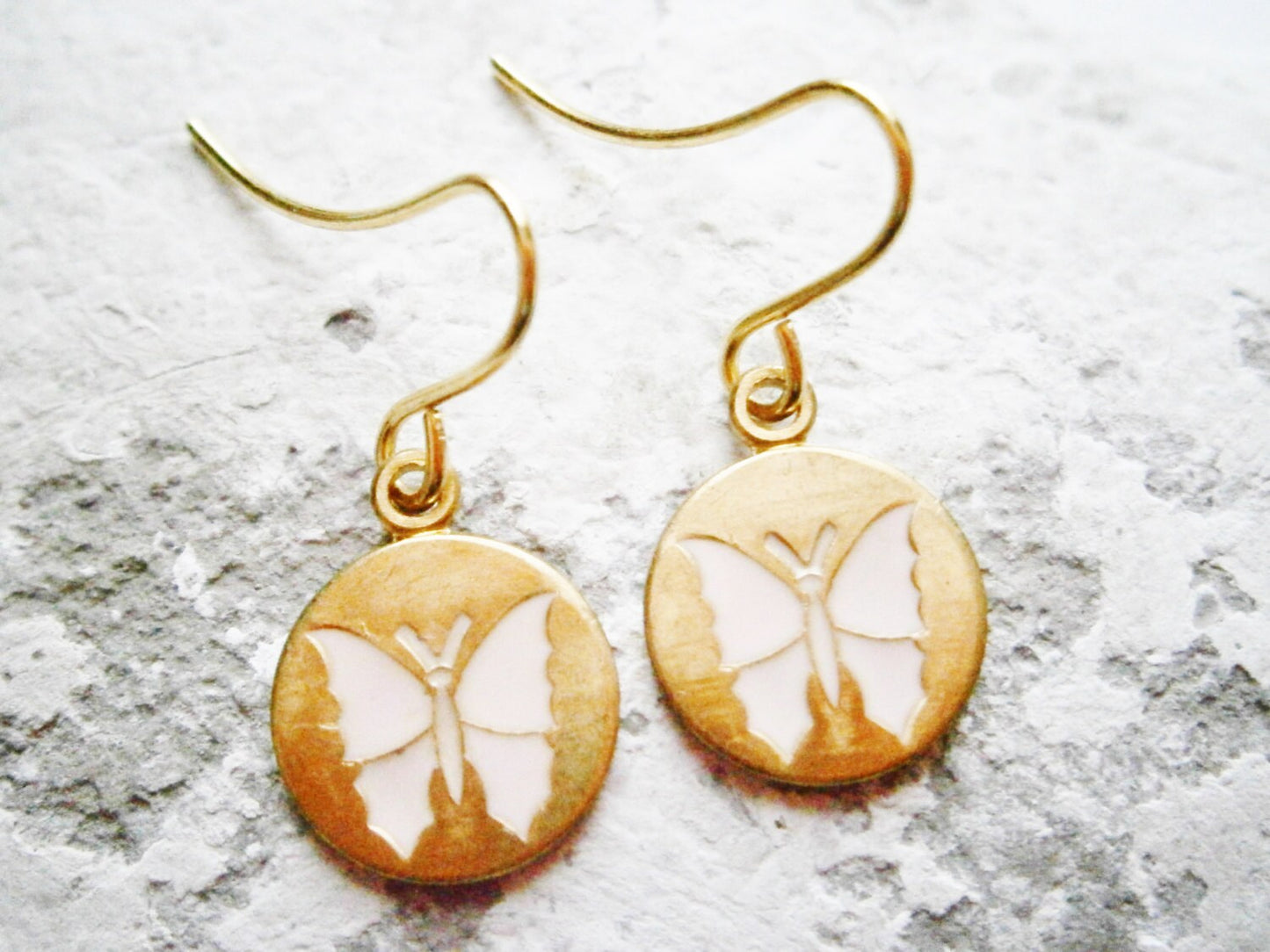 Vintage Style Pale Pink Butterfly Brass Disc Charm Pendant On Gilt Plated French Earring Hooks/Dangle Earrings