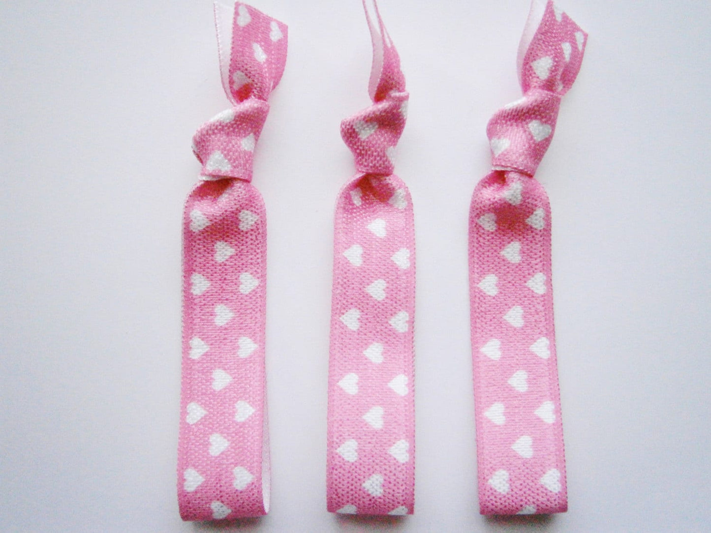 Sweetheart - Set of 3 Pink with Tiny White Hearts Hair Ties by Crimson Rose Cottage/Boho Elastic Hair Tie/Boho Soft Bracelet