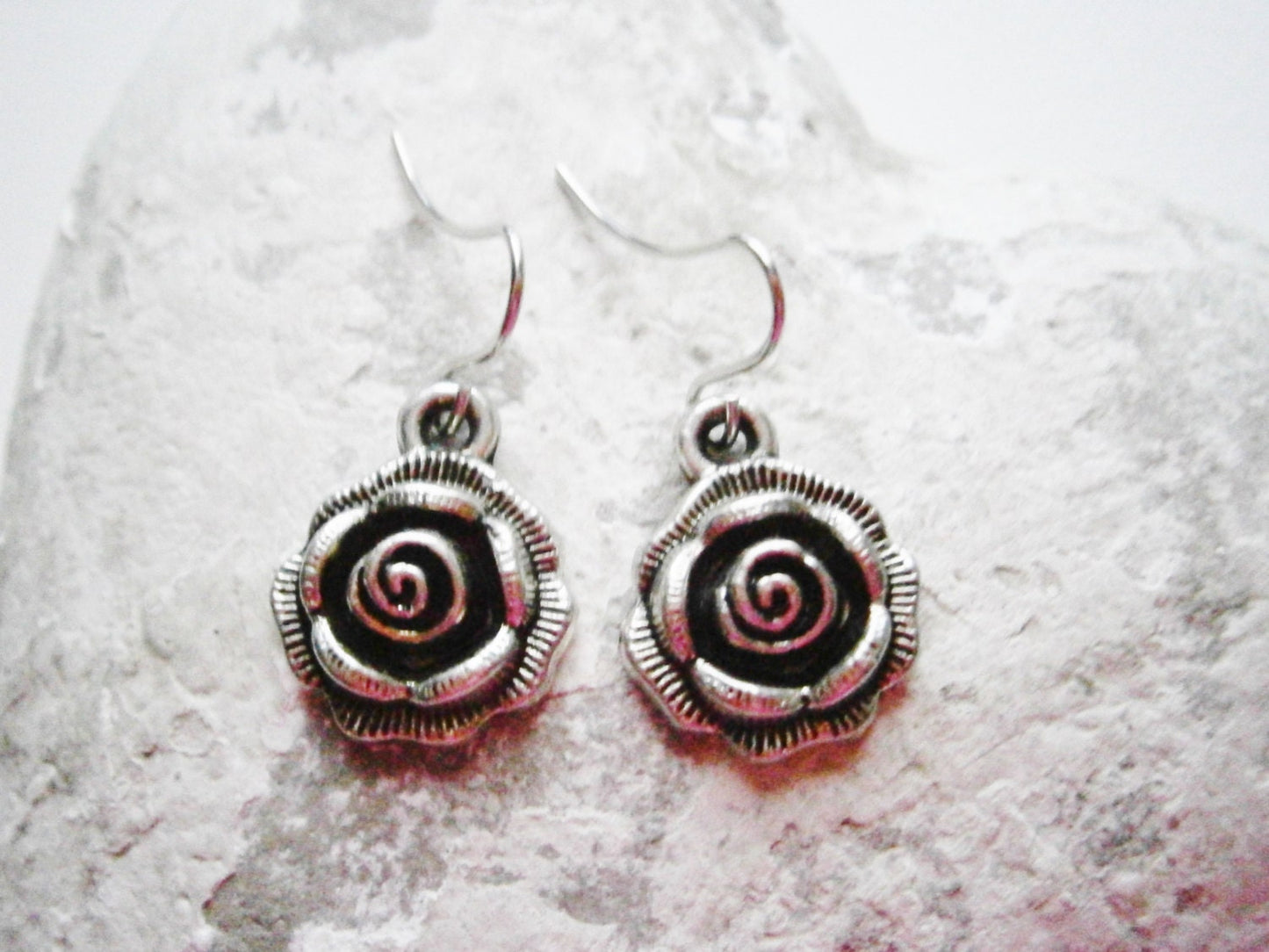 Antique Silver Rose Charm Pendant On Small Silver Plated Earring Hooks/Dangle Earrings/Rose Earrings.