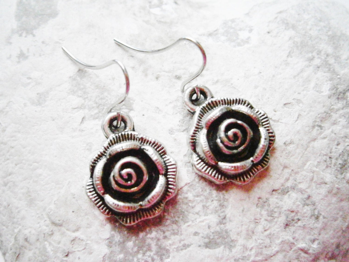 Antique Silver Rose Charm Pendant On Small Silver Plated Earring Hooks/Dangle Earrings/Rose Earrings.