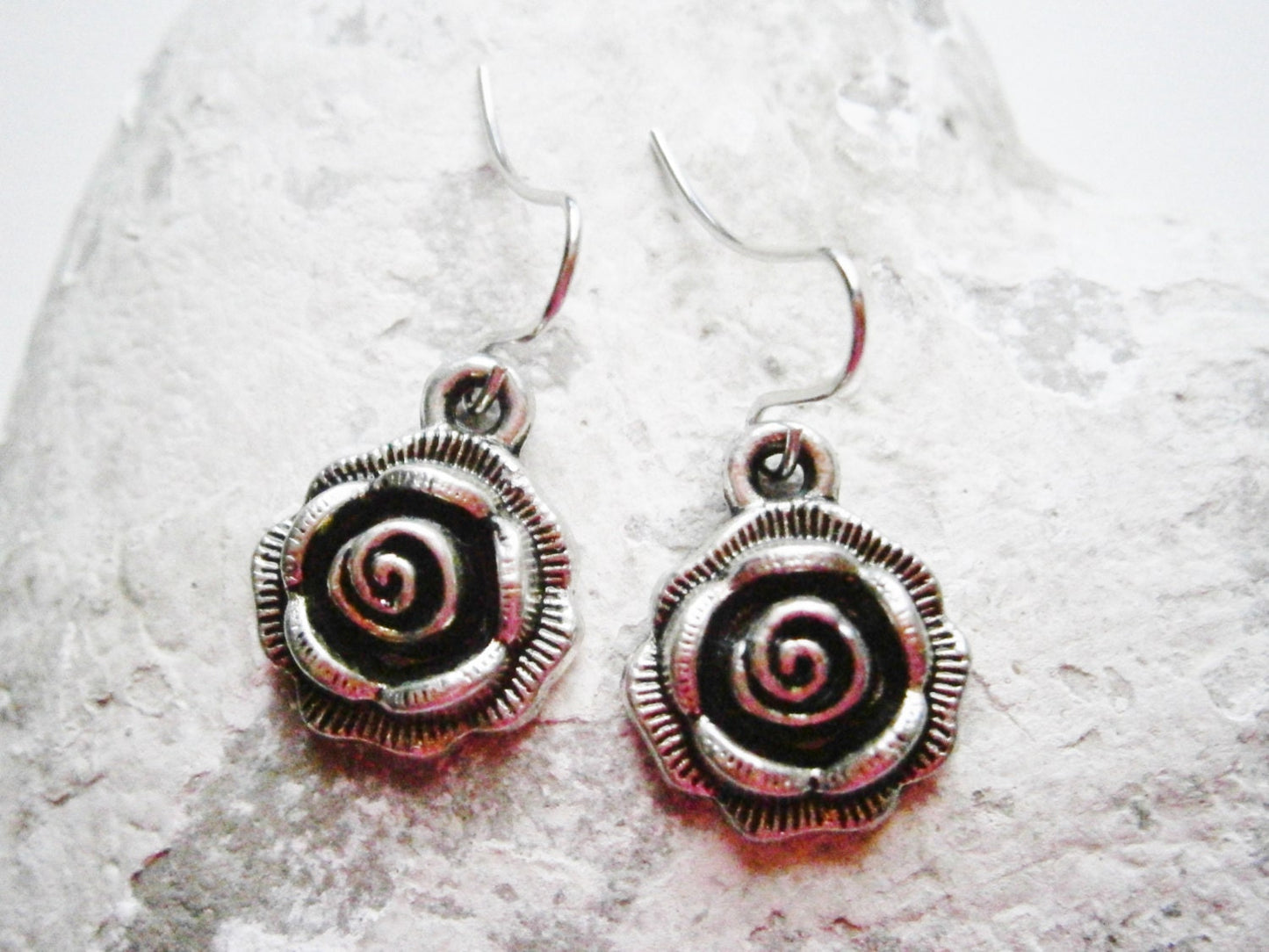 Antique Silver Rose Charm Pendant On Small Silver Plated Earring Hooks/Dangle Earrings/Rose Earrings.