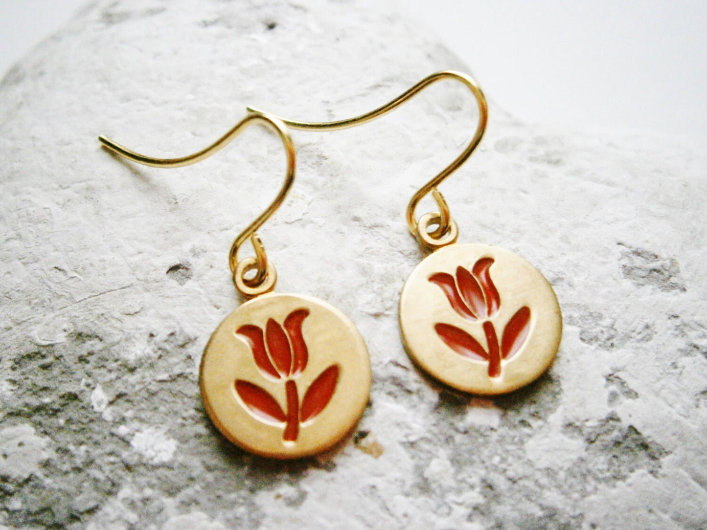 Vintage Style Red Tulip Brass Disc Charm Pendant On Gilt Plated French Earring Hooks/Red Flower Earrings/Dangle Earrings.