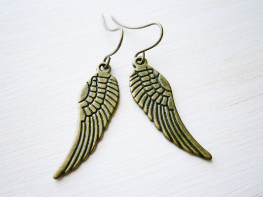 Angel Wing Antique Bronze Charm On Antique Bronze French Earring Hooks/Dangle Earrings.