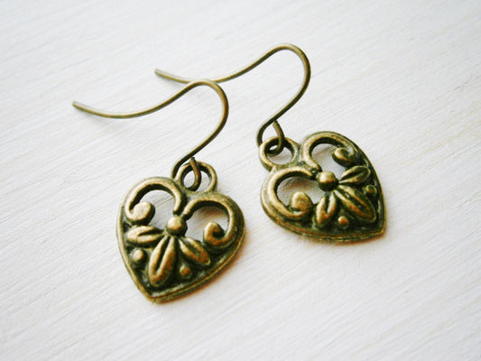 Small Antique Bronze Victorian Style Heart Charm On Antique Bronze French Earring Hooks/Dangle Earrings.