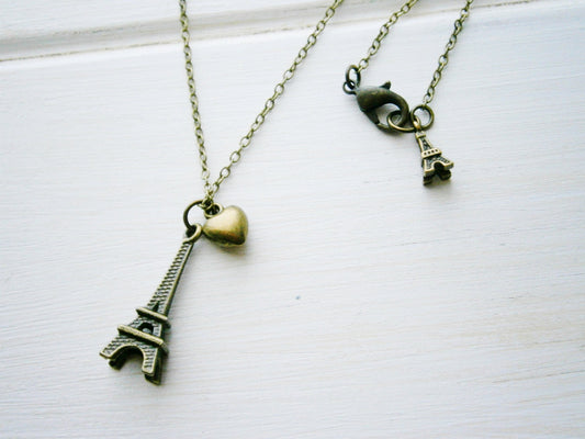 Antique Bronze Small Eiffel Tower Heart Charm Necklace/Boho Necklace/Paris Necklace/Shabby Chic Necklace
