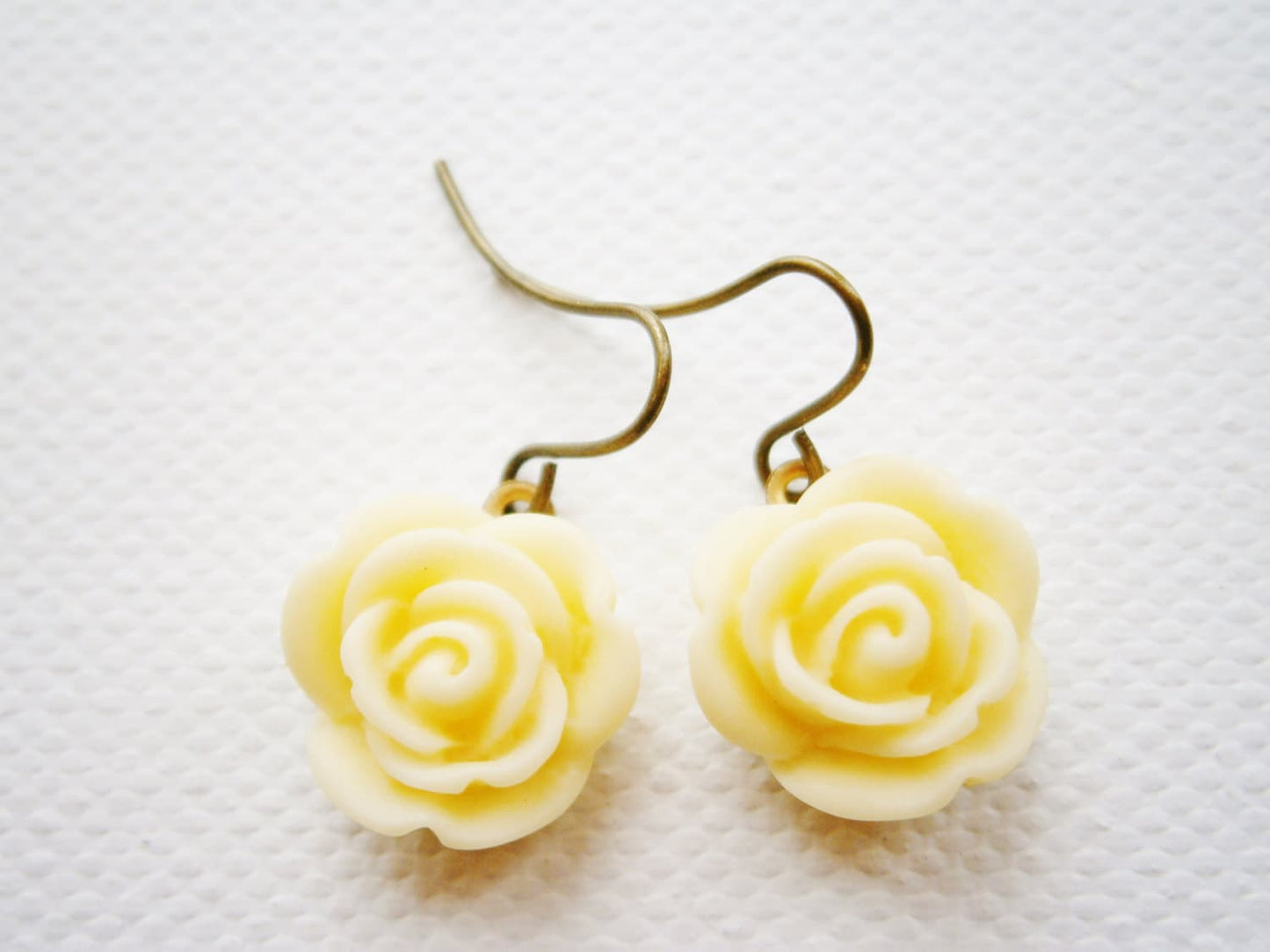 Cream 13mm Resin Rose set on Antique Brass Base and Earring Hook/Dangle Earrings/Bridesmaid Gifts