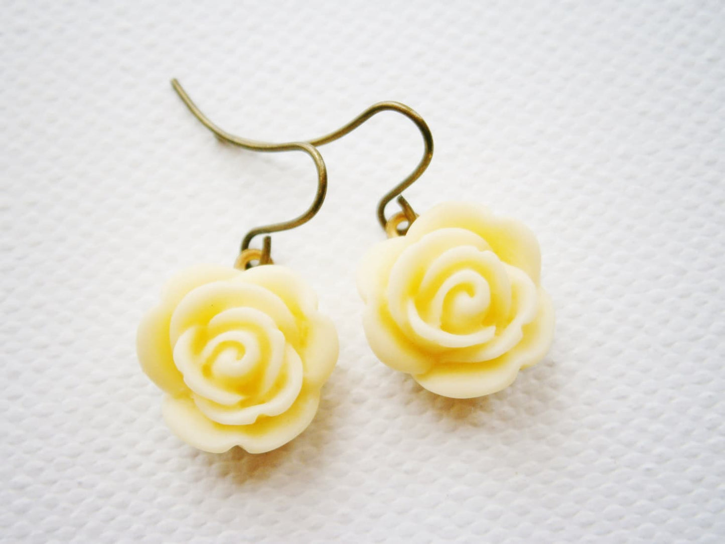 Cream 13mm Resin Rose set on Antique Brass Base and Earring Hook/Dangle Earrings/Bridesmaid Gifts