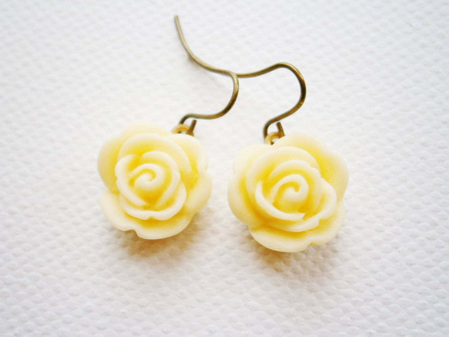 Cream 13mm Resin Rose set on Antique Brass Base and Earring Hook/Dangle Earrings/Bridesmaid Gifts